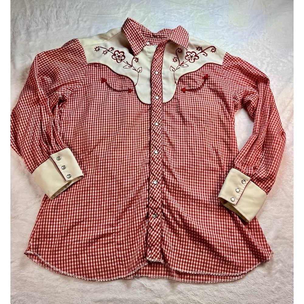 Vintage H Bar C Cowpoke Red Gingham Pearl Snap Shirt Adult Western 70s Cowboy
